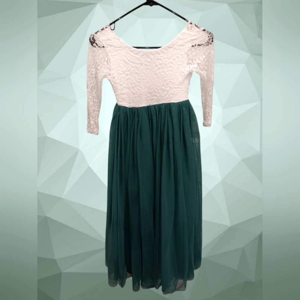 Elegant White and Green Lace Dress